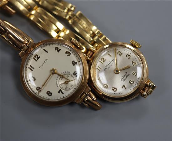 A ladys 9ct gold wristwatch on an 18ct bracelet and one other ladys yellow metal watch on a 9ct bracelet.
